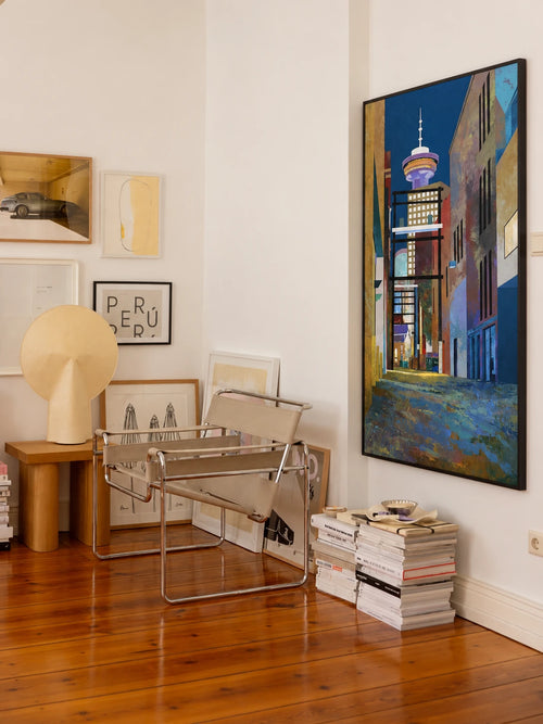 Alley with Harbour Centre by Marcus Wild, shown on a wall in a room